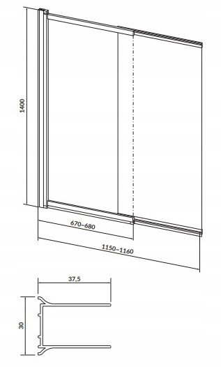 Ekran për vaskë Cersanit Larga, 115 cm, dy panele, xham transparent