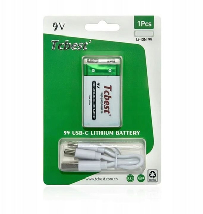 Bateri e rikarikueshme Tcbest 9V Li-ion, 1000mAh, me portë karikimi USB-C, e bardhë me jeshile