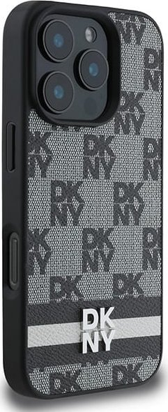 Kapak telefoni DKNY PU Leather Checkered për iPhone 16 Pro Max, me vija, i zi