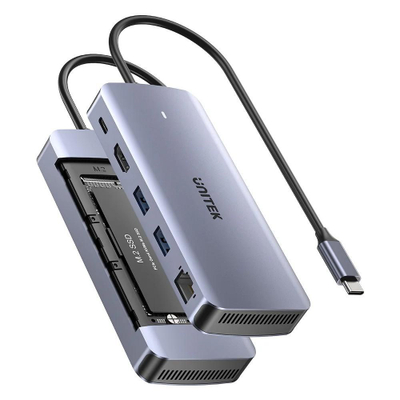 USB-C HUB Unitek 6 во 1, M.2 SSD куќиште, HDMI, PD 100W, сив