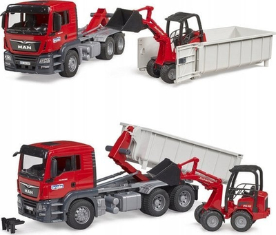 Set lodrash Bruder MAN TGS, kamion me kontenier roll off, mini eskavator, 1:16
