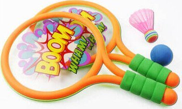 Set raketash badminton për kalamaj LEAN Toys Dinosaurë, me top dhe flutur, portokalli jeshile