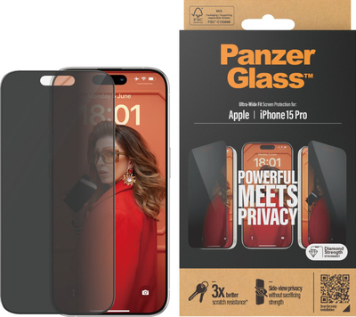 Mbrojtës ekrani PanzerGlass Privacy për iPhone 15 Pro, Ultra-Wide Fit, i errët