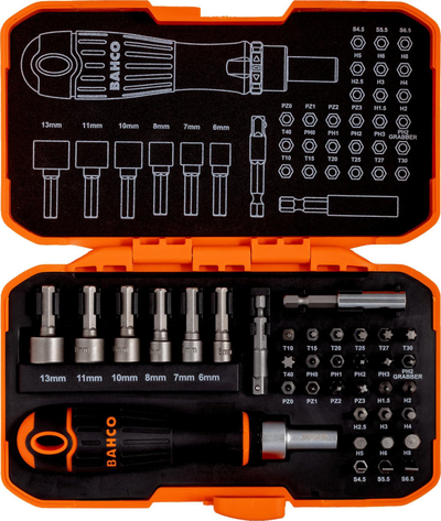 Set bitash me ratçet Bahco 59/S36BCR, 36 copë, me ngjyra