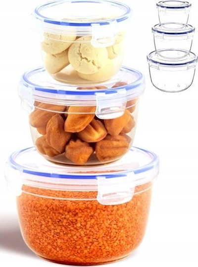 Set ena rrethore Dunya Seal, 3 copë, 625 ml 1200 ml 2100 ml, me kapak silikoni, transparente