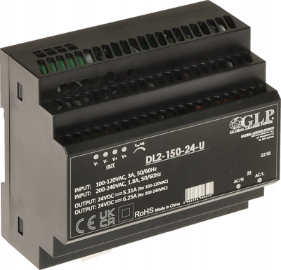 Напојување енергија DIN GLP DL2-150-24-U, 24V 150W, 6.25A, црно