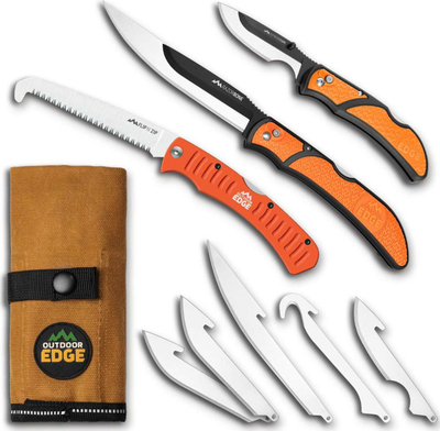 Сет ловечки ножеви Outdoor Edge RazorGuide, сечива челик 420J2, со корица, портокалова