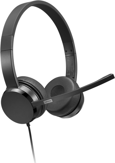 Kufje Lenovo stereo me mikrofon USB-A, me kabllo, me komandim në kabllo, të zeza