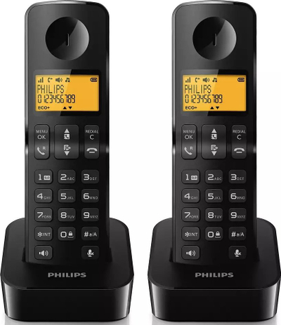 Telefon pa tel Philips D2602D/53, set me 2 receptorë, me ekran me dritë, i zi