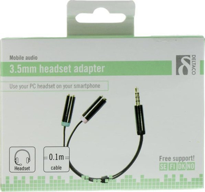 Përshtatës audio Deltaco 3.5mm, kabllo 0.1m, për kufje me mikrofon, i zi