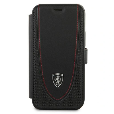 Këllëf telefoni Ferrari Off Track për iPhone 12 Mini, lëkurë natyrale, tip book, i zi