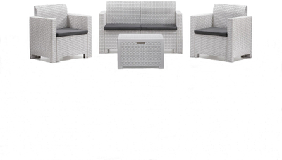 Set kopshti Nebraska, 1 divan me 2 vende, 2 karrike, 1 tavolinë kafeje, plastik ratan, e bardhë me jastëkë gri