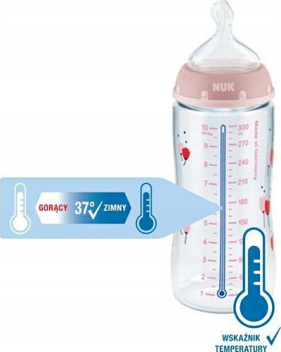 Biberon me shishe Nuk First Choice, tregues temperature, 300 ml, rozë
