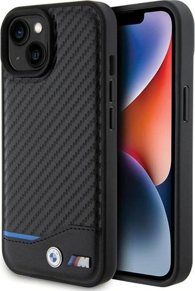 Mbulesë telefoni BMW Leather Carbon për iPhone 15 6.1", hardcase, e zezë