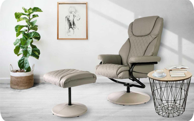 Karrige relaksi Sofotel Recliner, me tabure për këmbët, lëkurë sintetike, gri