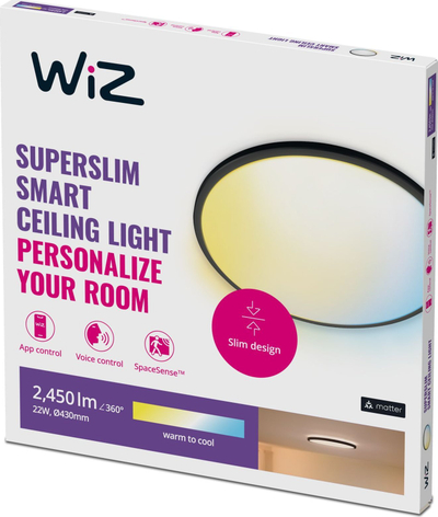 Lampë tavani LED WiZ SuperSlim, 22W, Wi‑Fi, 43cm, e zezë