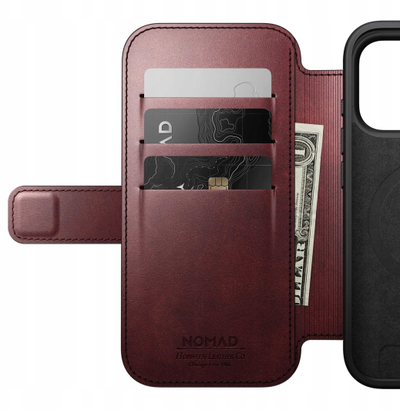 Kapak folio Nomad Modern Leather, për iPhone 17 Pro, lëkurë Horween, kompatibil me MagSafe, burgundy