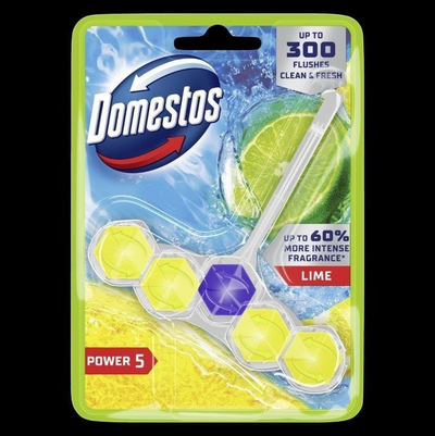 Bllok tualeti Domestos Power 5 Lime, 55g, erë limoni, i gjelbër