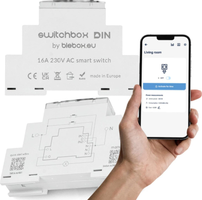 Ndërprerës inteligjent Wi Fi BleBox SWITCHBOX DIN, montim në shinë DIN, 230V AC, gri
