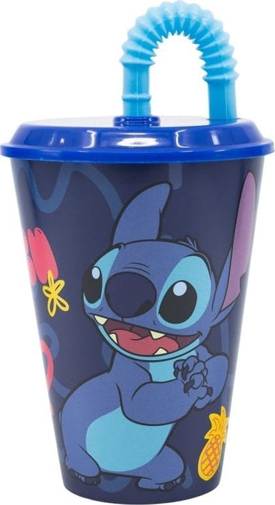 Gotë plastike për fëmijë Disney Stitch, me kapak dhe pipëz, 430 ml, shumëngjyrëshe