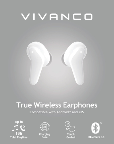 Kufje Bluetooth Vivanco 60604, in ear, wireless, të bardha