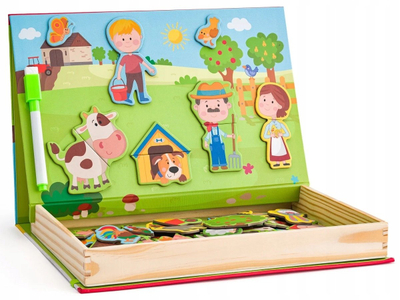 Lodër magnetike Woody Box, 64 pjesë, forma ferme, shumëngjyrëshe