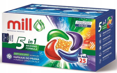 Set kapsula detergjenti MILL PRO COLOR 5k me perlë zbutësi, 25 copë