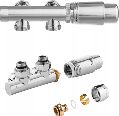 Set valvulash radiator Duoplex Chrome, termostatike, për tuba PEX 16 mm dhe bakri 15 mm, ngjyrë krom