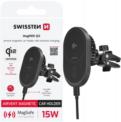 Mbajtës edhe karikues makine Swissten MagSafe Qi2, 15W, me valë, i zi