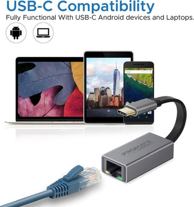 Adapter USB C në RJ45 Promate High Speed, Gigabit Ethernet, i vogël, gri