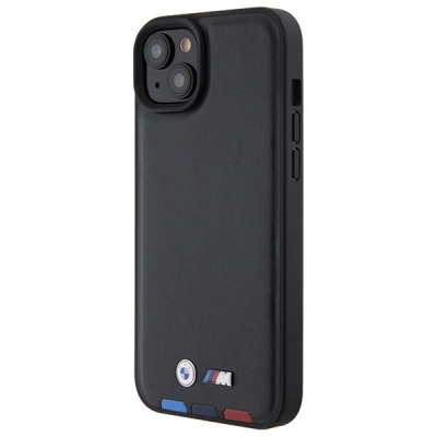 Këllëf telefoni BMW Leather Stamp Tricolor për iPhone 15 Plus, lëkurë, 6.7", i zi