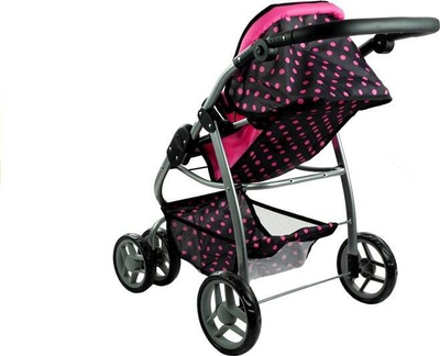 Karrocë lodër për kukulla Leantoys Alice, me gondolë, shumëfunksionale, e zezë me pika rozë