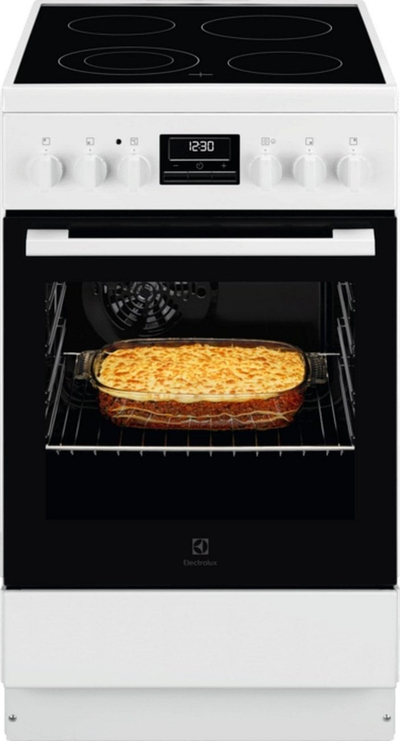 Shporet elektrik Electrolux SteamBake, plan qeramik 4-zonësh, 50x60 cm, i bardhë