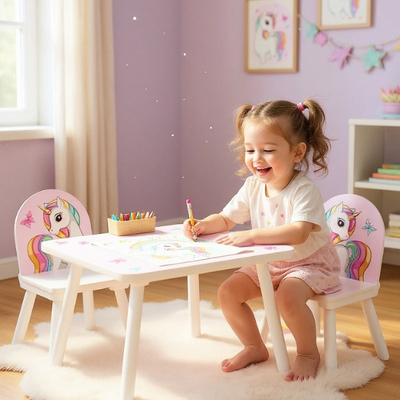 Set tavolinë me 2 karrige për fëmijë U-grow Unicorns, plastikë, shumëngjyrësh