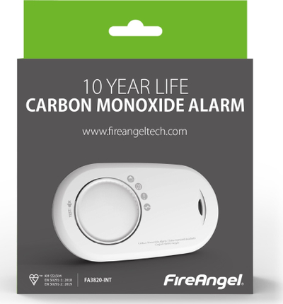 Detektor monoksidi karboni Fireangel FA3820, sensor elektrokimik, bateri 10 vite, i bardhë