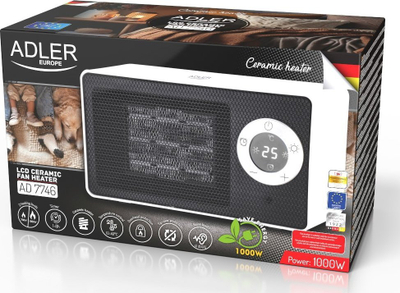 Керамички грејач со вентилатор Adler, 1000W, LCD екран, бел