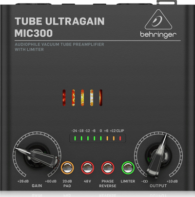 Para‑amplifikator Behringer MIC300 Tube Ultragain, për mikrofon dhe instrument, me limiter, ngjyrë e zezë
