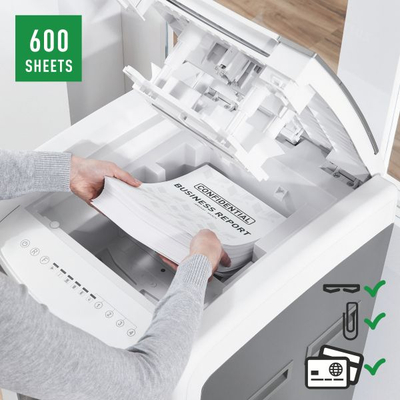 Shredder Leitz Office Pro 600 P5, prerje mikrokonfeti, për 600 fletë, i bardhë
