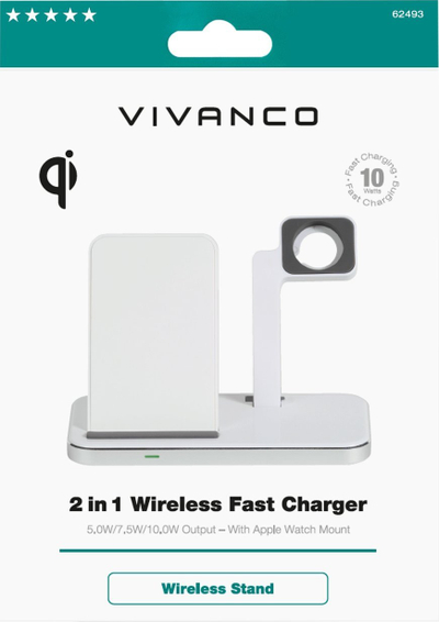 Karikues wireless Vivanco 2 në 1, 10W, me mbajtëse për Apple Watch, i bardhë