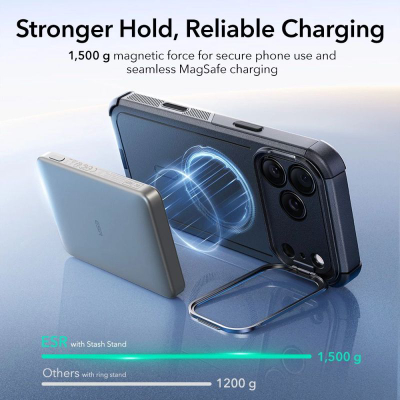 Kejs telefoni ESR Cyber Tough Magnetic për iPhone 17 Pro, me këmbë mbajtëse, magnetik, i zi