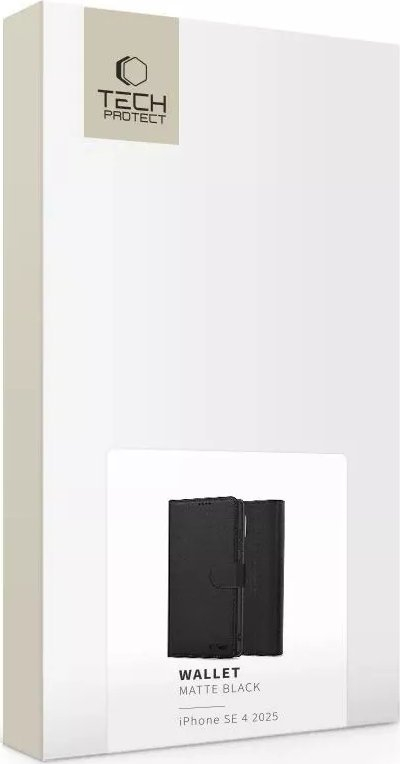 Këllëf-portofol Tech-Protect për iPhone 16e, lëkurë eko, me këmbë qëndrimi, i zi mat
