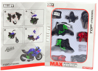 Lodër konstruktive motoçikletë metalike DIY, shkalla 1:14, jeshile e kuqe