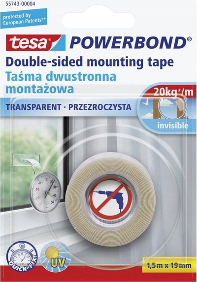 Shirit ngjitës dypalësh Tesa Powerbond 55743, 19mm, 1.5m, transparent