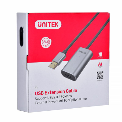 Kabllo USB Unitek Y-271, USB-A në USB-A, 5 m, ngjyrë argjendi