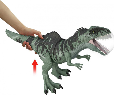Figurine dinosaur Jurassic World Dominion Strike N Roar Giganotosaurus, lëvizje, tinguj, jeshile