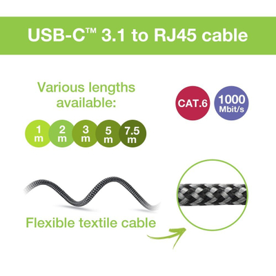 Мрежен кабел Техли ICOC U3C-RJ45-030, USB-C во гигабитен етернет RJ45, Cat6, 3 m, сива
