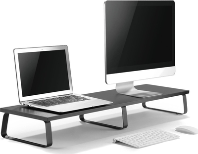 Stendë për monitorë Mozos Dual Riser S, për 2 monitorë deri 32", me mouse pad i ndriçuar 80x30 cm, e zezë