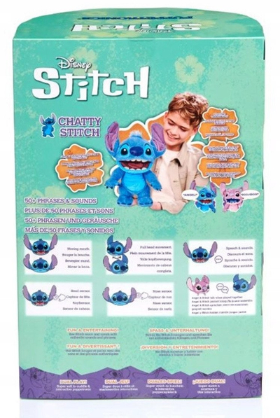 Lodër pellushi animatronike WOW! STUFF Disney Chatty Stitch Deluxe, 30 cm, me mbi 50 zëra dhe lëvizje, blu
