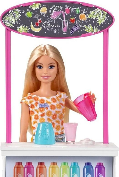 Set lodër Barbie Smoothie Bar, me kukull bionde, me aksesorë shumëngjyrësh