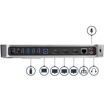 Stacion docking StarTech për tre ekrane USB 3.0, HDMI DP 4K, 5x USB, i zi gri